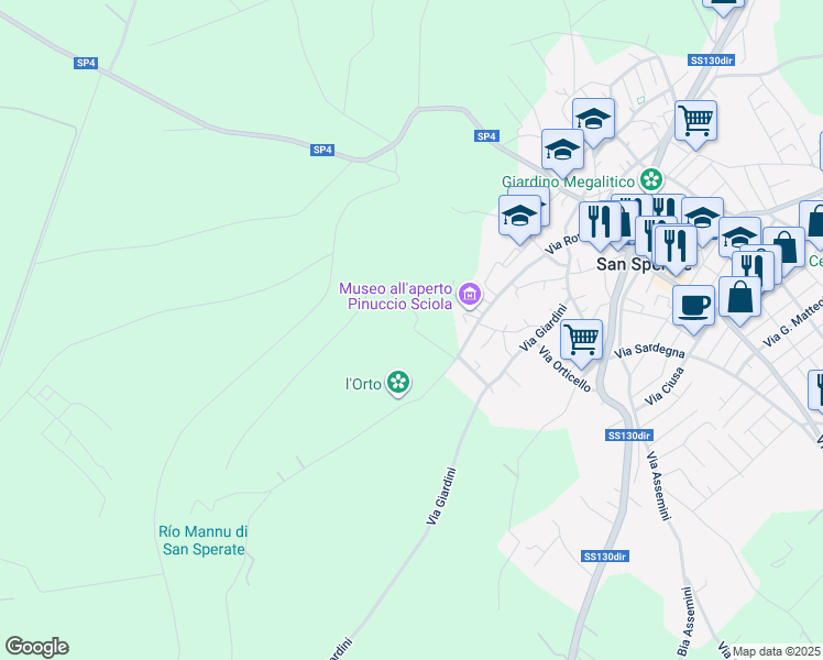 map of restaurants, bars, coffee shops, grocery stores, and more near 101 Via San Sebastiano in San Sperate