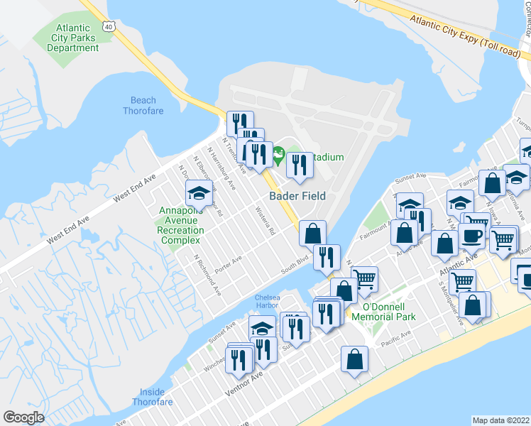 map of restaurants, bars, coffee shops, grocery stores, and more near 444 North Trenton Avenue in Atlantic City