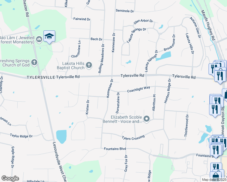 map of restaurants, bars, coffee shops, grocery stores, and more near 6353 Coachlight Way in Butler County