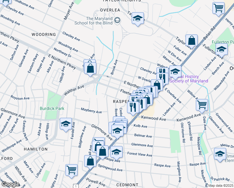 map of restaurants, bars, coffee shops, grocery stores, and more near Rosemont Avenue in Baltimore