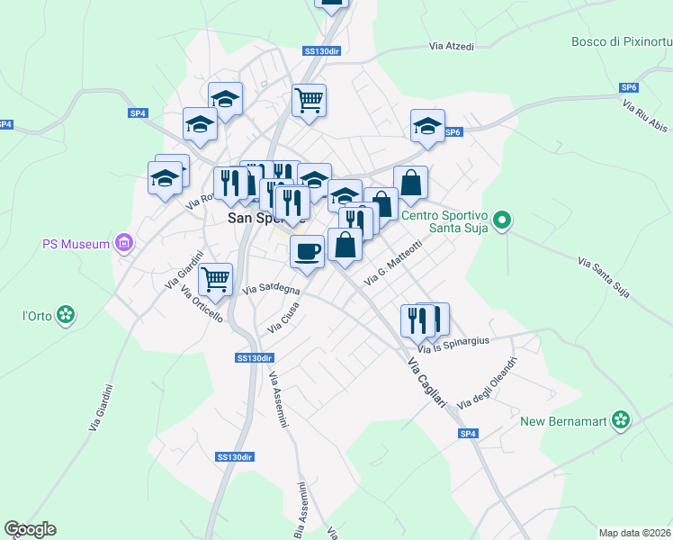 map of restaurants, bars, coffee shops, grocery stores, and more near 3 Via Sicilia in San Sperate