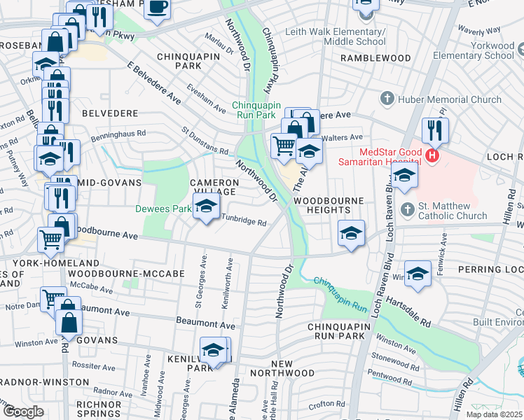 map of restaurants, bars, coffee shops, grocery stores, and more near 1061 Cameron Road in Baltimore