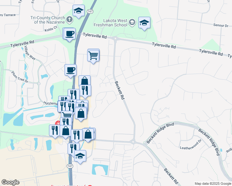 map of restaurants, bars, coffee shops, grocery stores, and more near 7846 Mill Creek Circle in Beckett Ridge