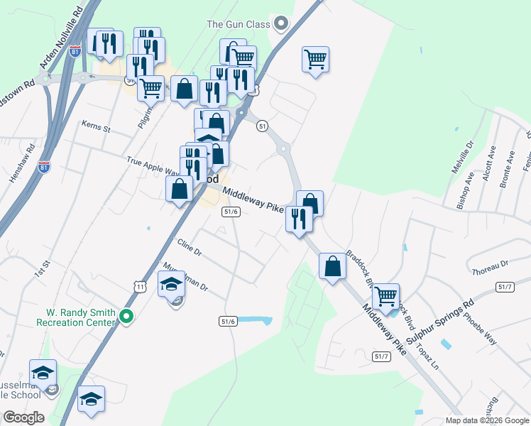 map of restaurants, bars, coffee shops, grocery stores, and more near 209 Middleway Pike in Inwood