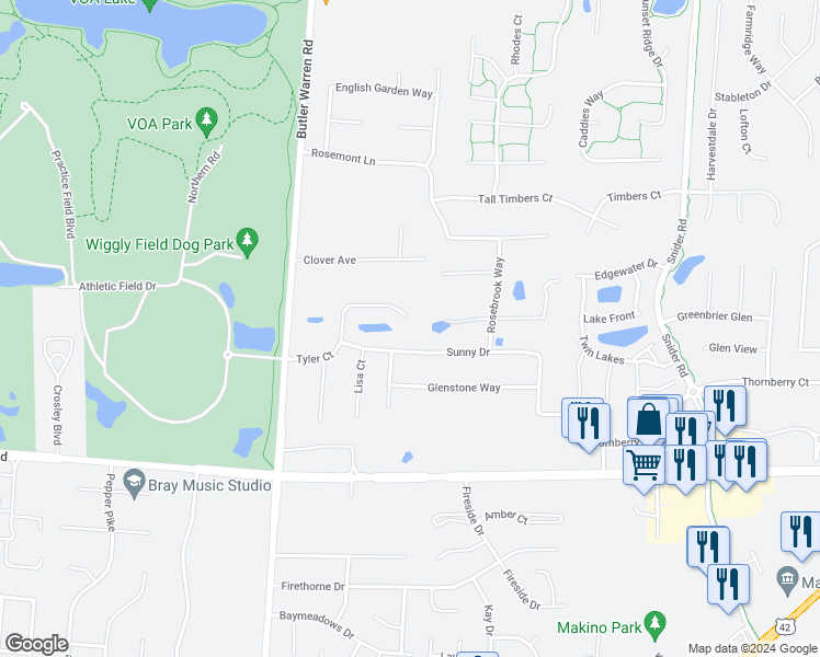 map of restaurants, bars, coffee shops, grocery stores, and more near 6751 Tyler Court in Mason