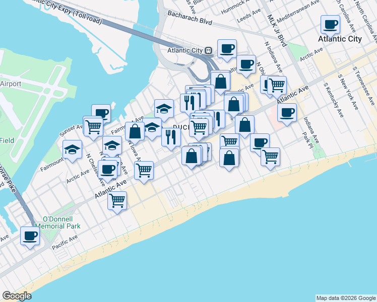 map of restaurants, bars, coffee shops, grocery stores, and more near 7 North Florida Avenue in Atlantic City