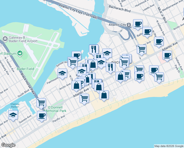 map of restaurants, bars, coffee shops, grocery stores, and more near 104 Maxwell Avenue in Atlantic City