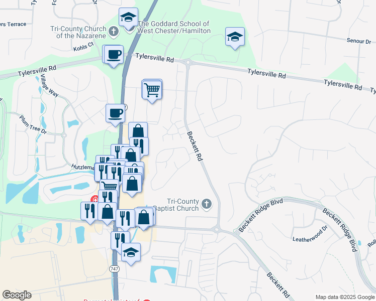 map of restaurants, bars, coffee shops, grocery stores, and more near 8019 South Bel Haven Lane in Beckett Ridge