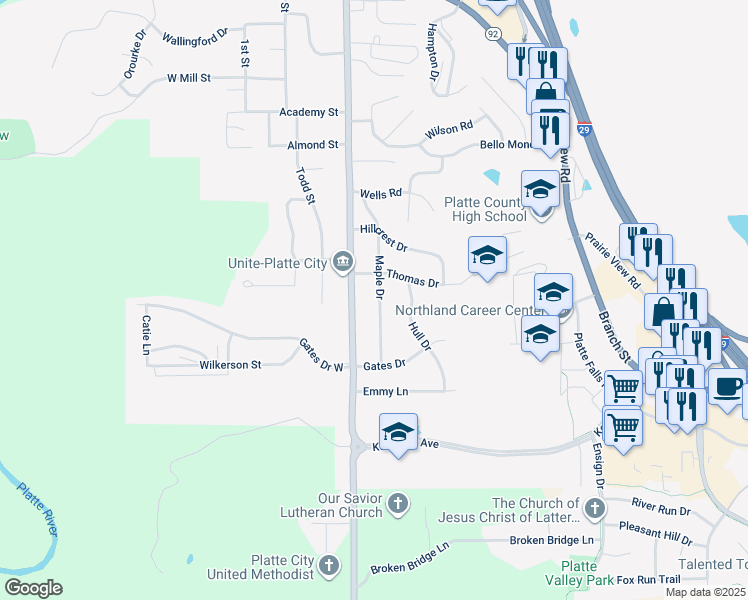 map of restaurants, bars, coffee shops, grocery stores, and more near 1701 4th Street in Platte City