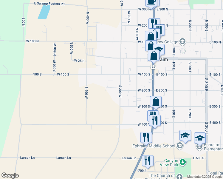 map of restaurants, bars, coffee shops, grocery stores, and more near 251 West 200 South in Ephraim