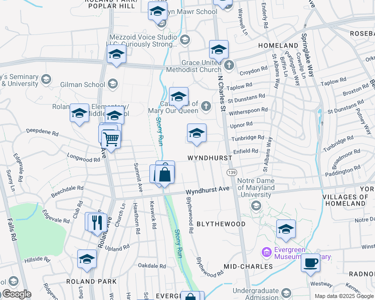 map of restaurants, bars, coffee shops, grocery stores, and more near 5114 North Charles Street in Baltimore