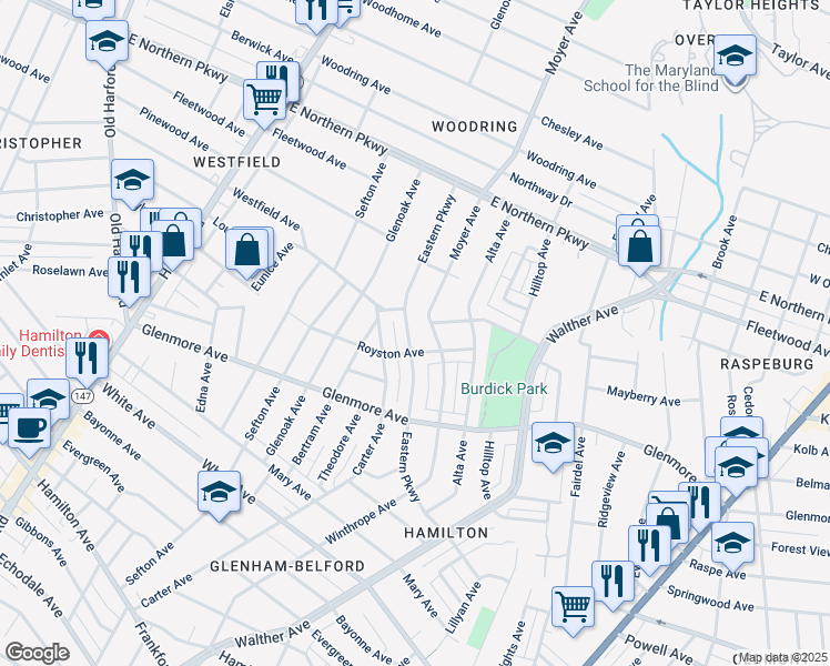 map of restaurants, bars, coffee shops, grocery stores, and more near 6207 Eastern Parkway in Baltimore