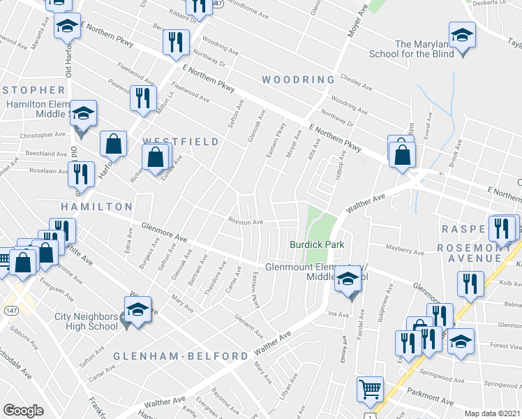 map of restaurants, bars, coffee shops, grocery stores, and more near 6207 Eastern Parkway in Baltimore