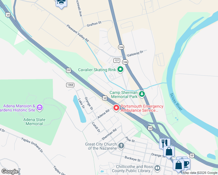map of restaurants, bars, coffee shops, grocery stores, and more near 14996 Pleasant Valley Road in Chillicothe