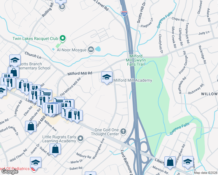 map of restaurants, bars, coffee shops, grocery stores, and more near 3800 Washington Avenue in Milford Mill