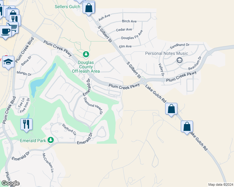 map of restaurants, bars, coffee shops, grocery stores, and more near 1574 Olympia Circle in Castle Rock