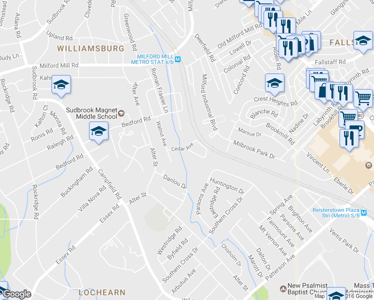 map of restaurants, bars, coffee shops, grocery stores, and more near 4401 Cedar Avenue in Pikesville
