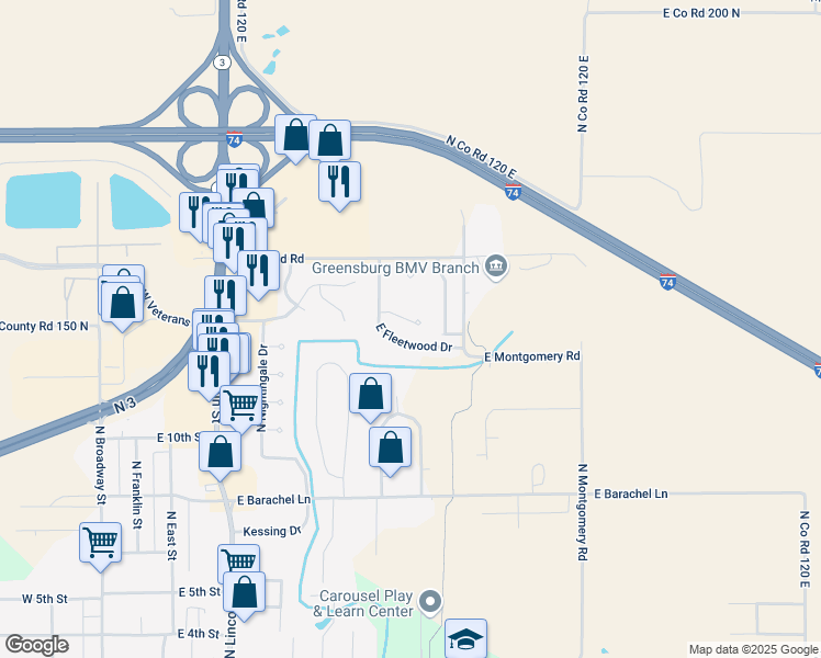 map of restaurants, bars, coffee shops, grocery stores, and more near 816 Skaggs Court in Greensburg