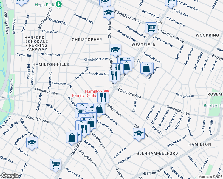 map of restaurants, bars, coffee shops, grocery stores, and more near 5910 Harford Road in Baltimore