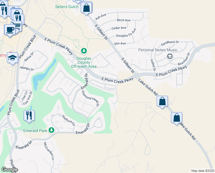 map of restaurants, bars, coffee shops, grocery stores, and more near 1560 Olympia Circle in Castle Rock