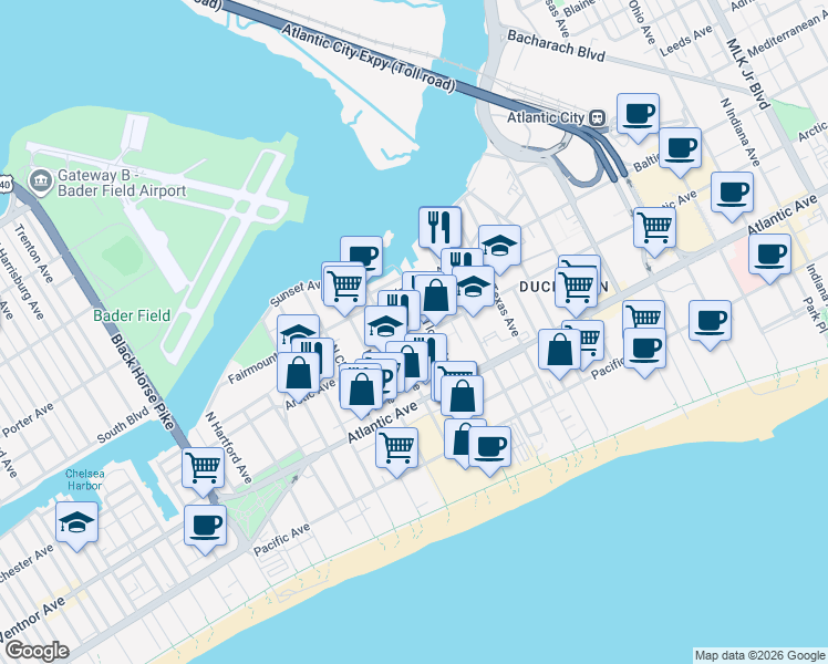 map of restaurants, bars, coffee shops, grocery stores, and more near 2819 Denny Street in Atlantic City