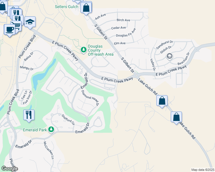 map of restaurants, bars, coffee shops, grocery stores, and more near 1477 Turnberry Court in Castle Rock