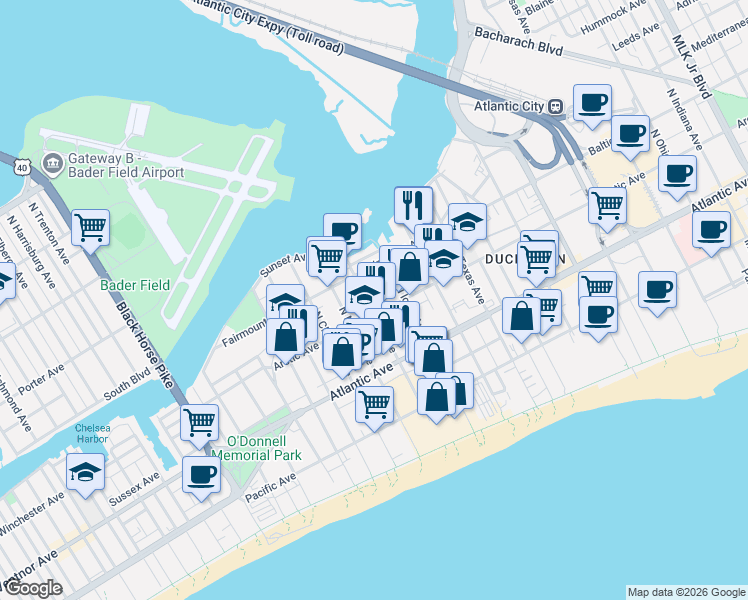 map of restaurants, bars, coffee shops, grocery stores, and more near 2819 Denny Street in Atlantic City