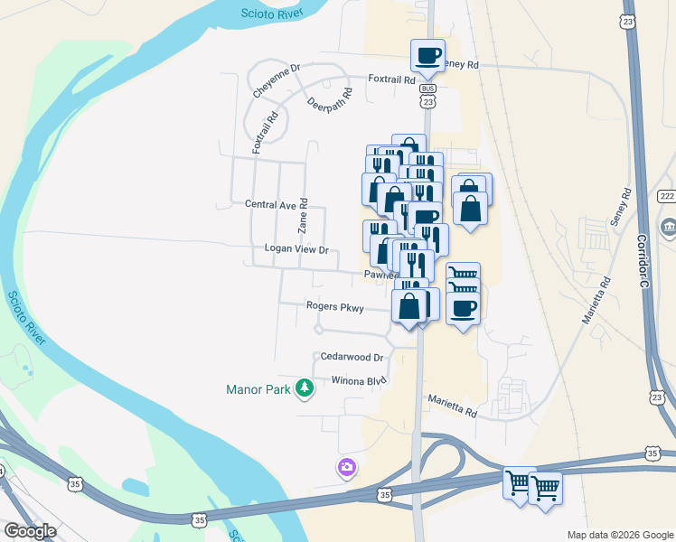 map of restaurants, bars, coffee shops, grocery stores, and more near 321 Logan View Drive in Chillicothe