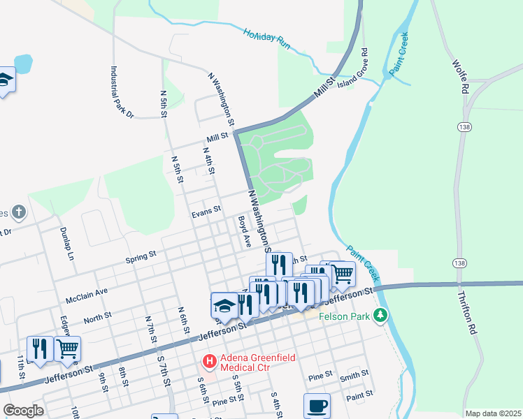 map of restaurants, bars, coffee shops, grocery stores, and more near 535 North Washington Street in Greenfield