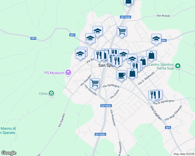 map of restaurants, bars, coffee shops, grocery stores, and more near 11 Via Decimo in San Sperate
