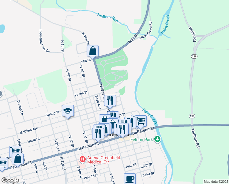 map of restaurants, bars, coffee shops, grocery stores, and more near 535 North Washington Street in Greenfield