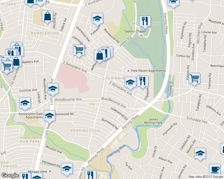 map of restaurants, bars, coffee shops, grocery stores, and more near 1802 Swansea Road in Baltimore