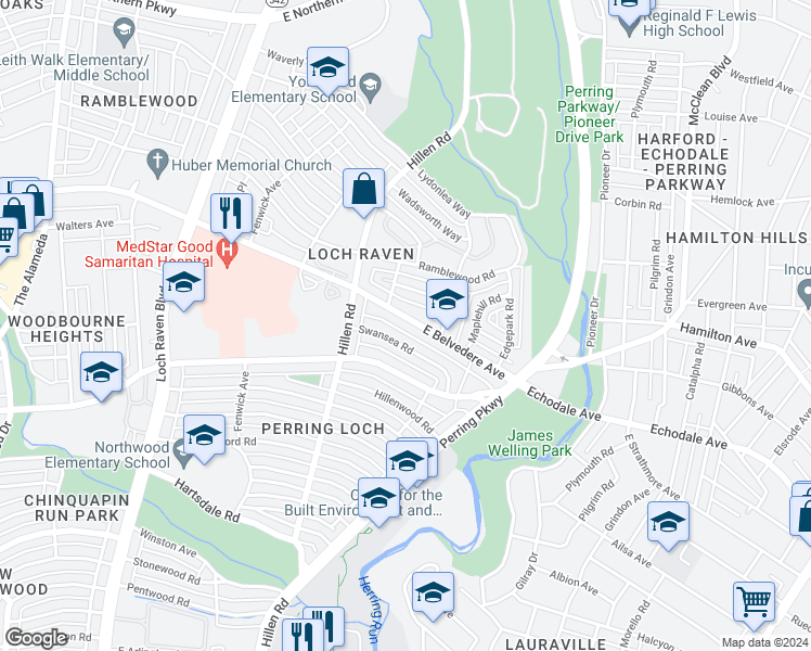 map of restaurants, bars, coffee shops, grocery stores, and more near 1829 East Belvedere Avenue in Baltimore