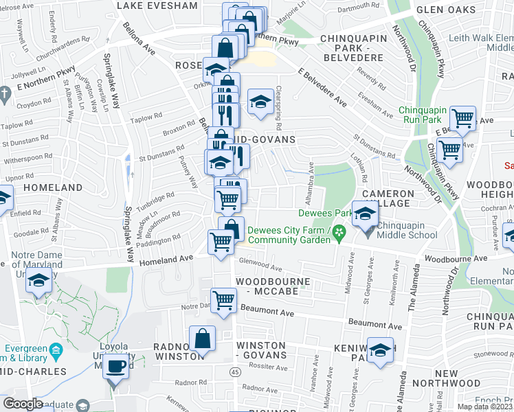 map of restaurants, bars, coffee shops, grocery stores, and more near 528 Tunbridge Road in Baltimore