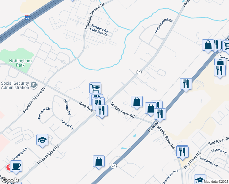 map of restaurants, bars, coffee shops, grocery stores, and more near 9631 Baron Place in Rosedale