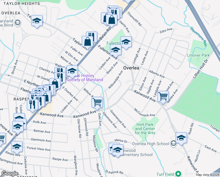 map of restaurants, bars, coffee shops, grocery stores, and more near 7109 Willowdale Avenue in Baltimore