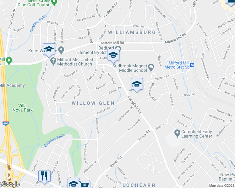 map of restaurants, bars, coffee shops, grocery stores, and more near 4125 Raleigh Road in Pikesville