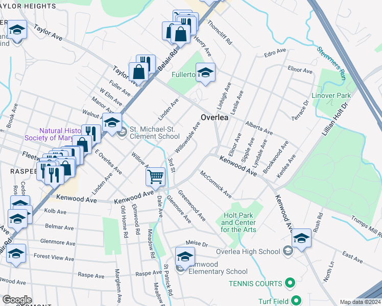 map of restaurants, bars, coffee shops, grocery stores, and more near 7154 Greenwood Avenue in Baltimore