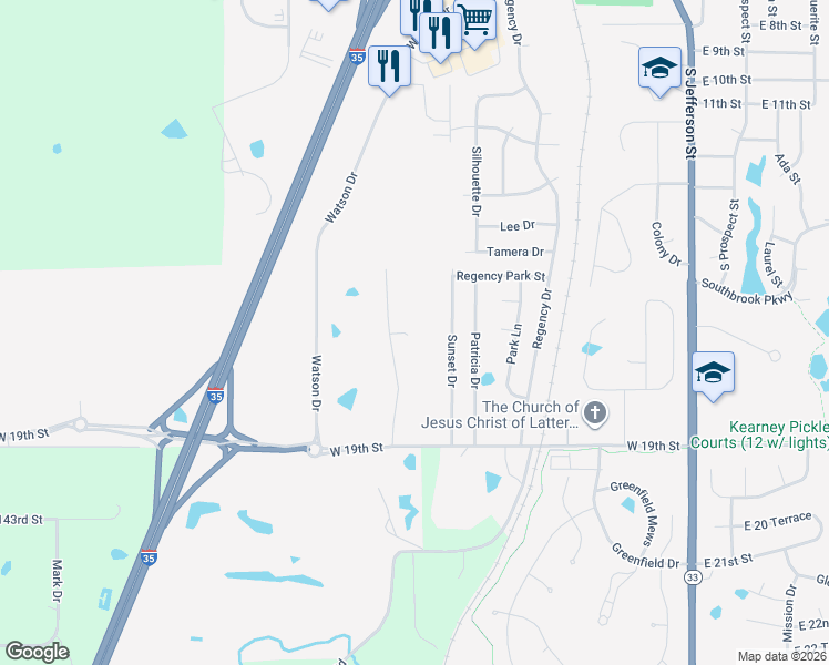 map of restaurants, bars, coffee shops, grocery stores, and more near 1705 Paddock Drive in Kearney