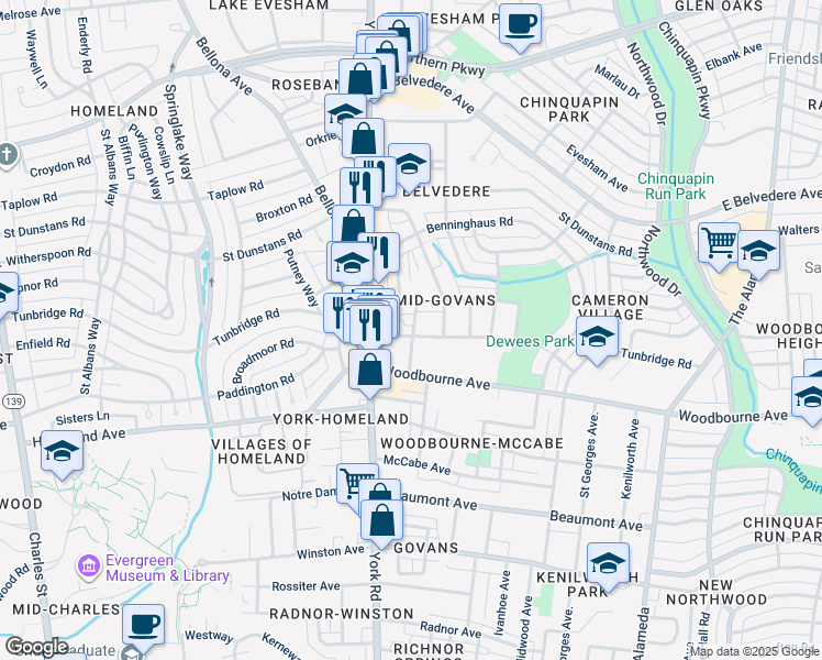 map of restaurants, bars, coffee shops, grocery stores, and more near 528 Tunbridge Road in Baltimore