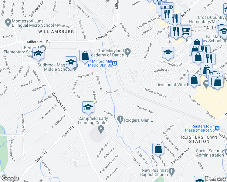 map of restaurants, bars, coffee shops, grocery stores, and more near 7010 Rockland Avenue in Pikesville