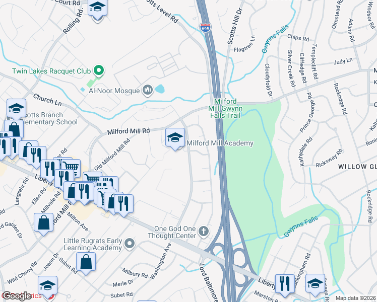 map of restaurants, bars, coffee shops, grocery stores, and more near 3800 Washington Avenue in Milford Mill