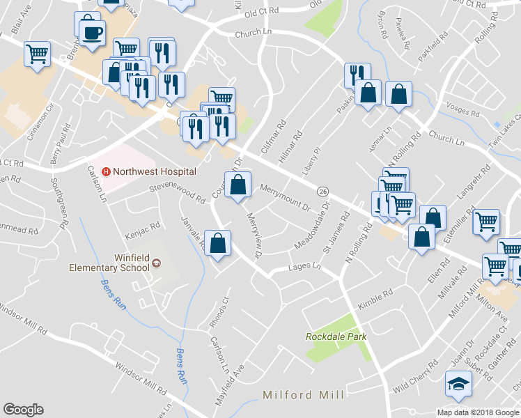 map of restaurants, bars, coffee shops, grocery stores, and more near 3508 Jean Drive in Milford Mill