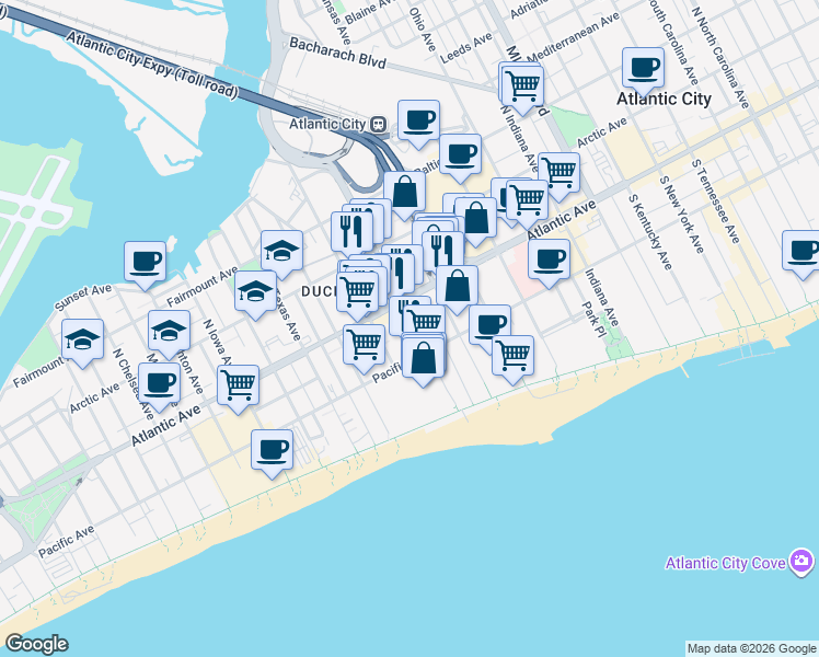 map of restaurants, bars, coffee shops, grocery stores, and more near 36 South Mississippi Avenue in Atlantic City