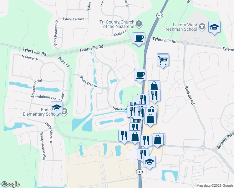 map of restaurants, bars, coffee shops, grocery stores, and more near 8008 Pinnacle Point Drive in Butler County