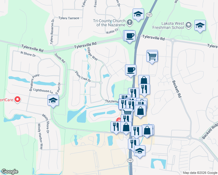 map of restaurants, bars, coffee shops, grocery stores, and more near 8008 Pinnacle Point Drive in Butler County