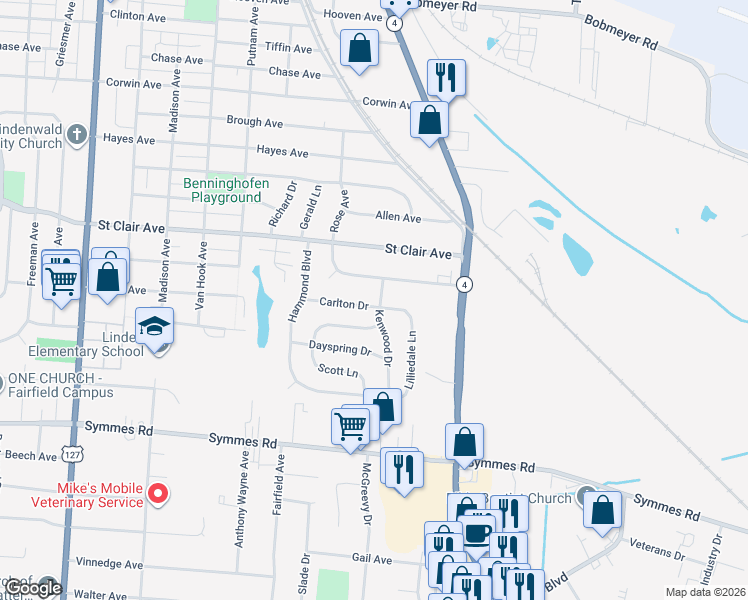 map of restaurants, bars, coffee shops, grocery stores, and more near 96 Carlton Drive in Hamilton