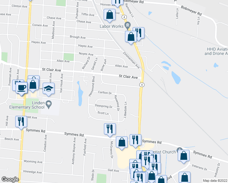 map of restaurants, bars, coffee shops, grocery stores, and more near 96 Carlton Drive in Hamilton
