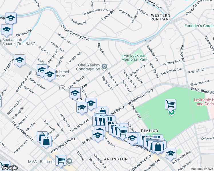 map of restaurants, bars, coffee shops, grocery stores, and more near 5808 Highgate Drive in Baltimore