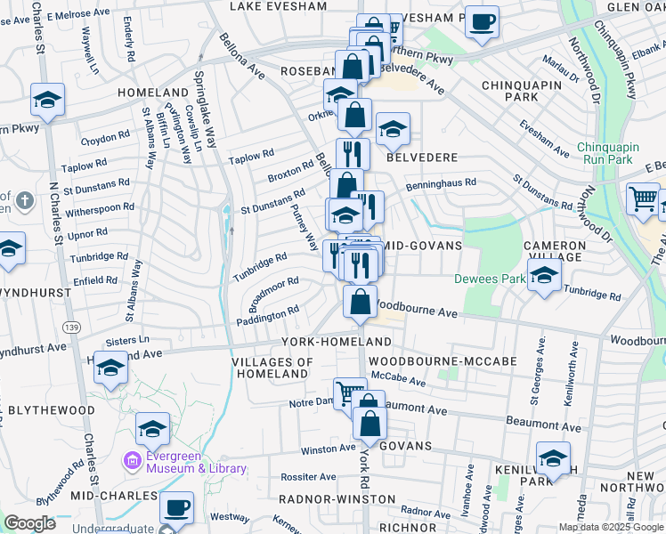 map of restaurants, bars, coffee shops, grocery stores, and more near 349 Tunbridge Road in Baltimore